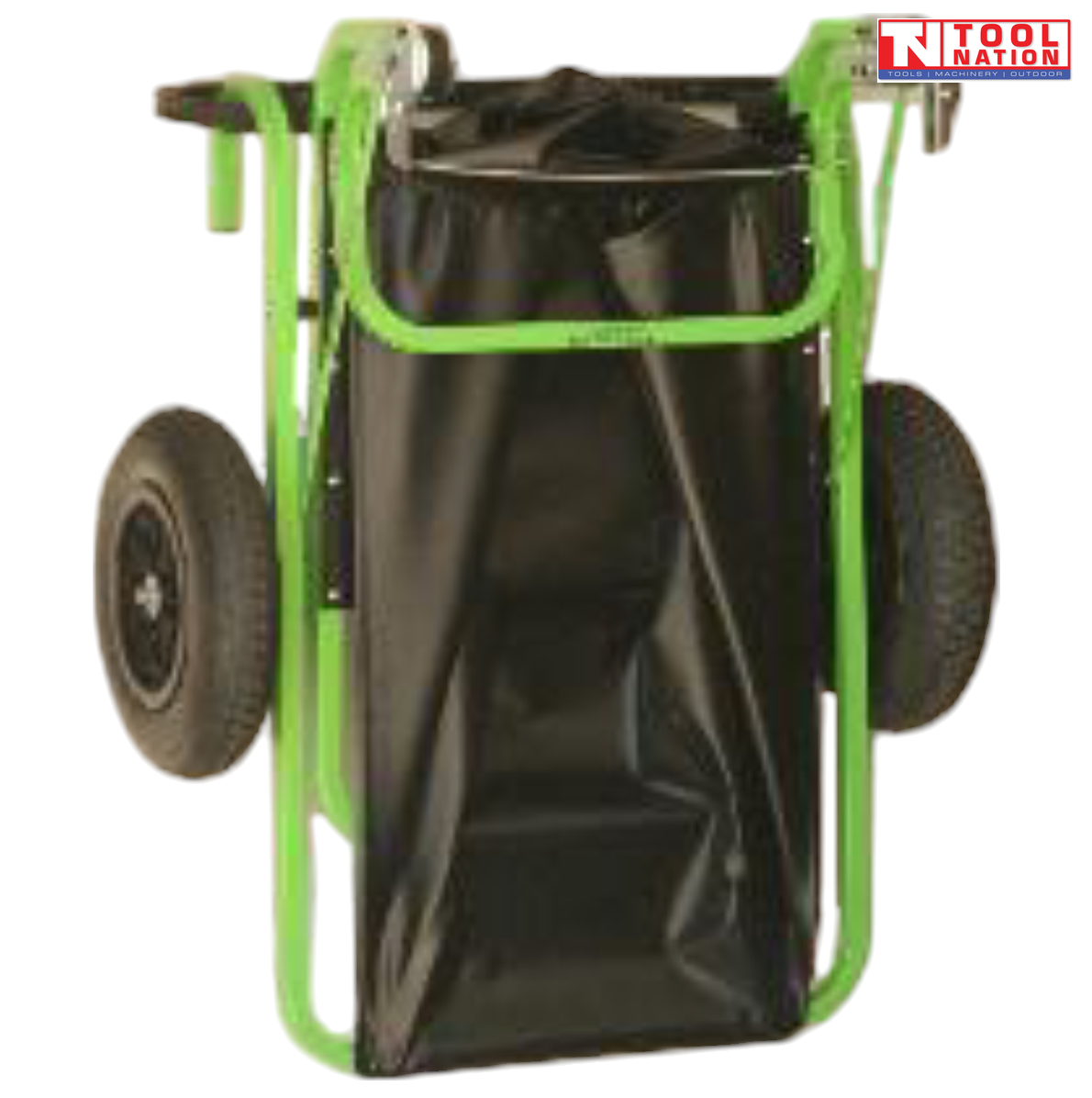 Folded green and black wagon shown upright with fabric tub, frame, two visible tyres and Tool Nation logo.