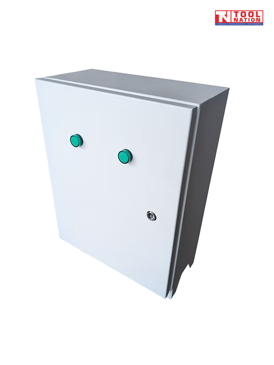 Grey metal electrical cabinet with two green buttons, key lock, and a logo in the top right corner.