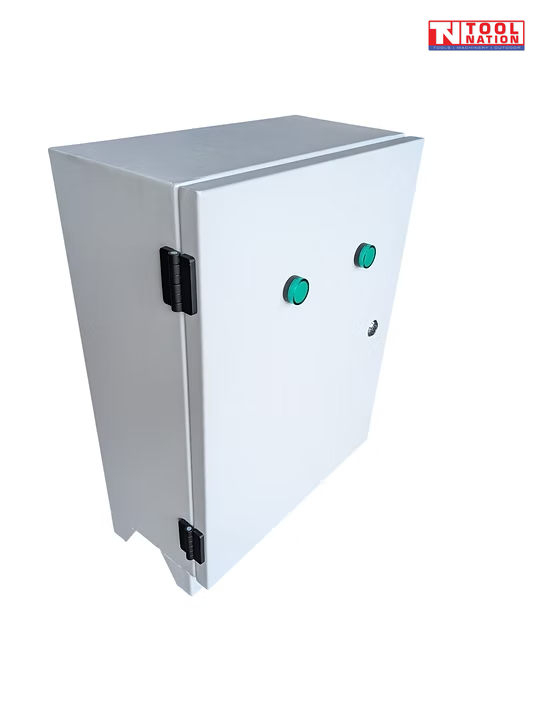 Angled view of a grey metal electrical cabinet with two green buttons, key lock, black hinges, and a logo in the top right corner.