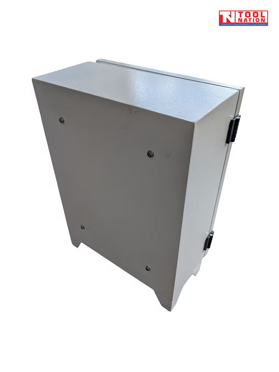 Rear view of a grey metal electrical cabinet with black hinges, screws, and a logo in the top right corner.