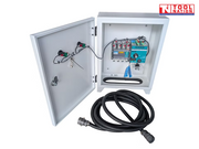 Open grey electrical cabinet with internal wiring, switch module, door-mounted buttons, coiled connector cable, and a logo in the top right corner.