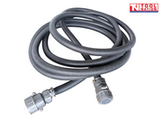 Coiled black corrugated connector cable with round plug ends and a logo in the top right corner.