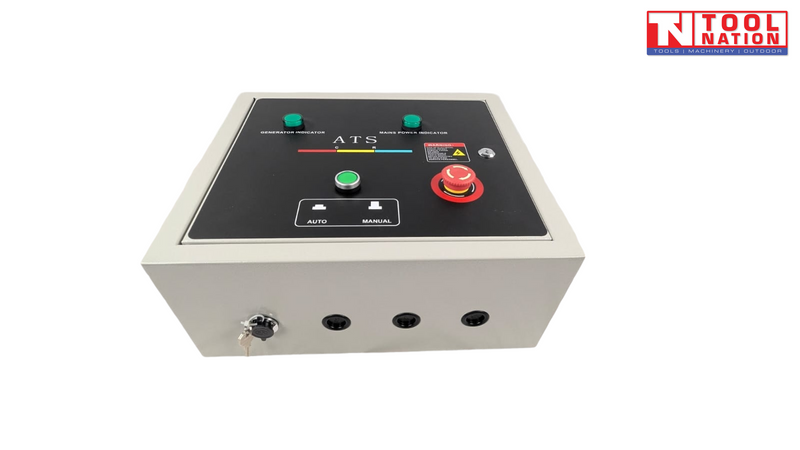 GSATS240-D2 auto transfer switch control box with indicator lights, auto and manual buttons, emergency stop button, and key lock.