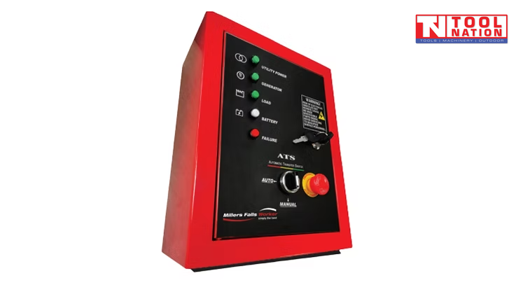 Red GSATS240-P auto transfer switch with utility power, generator, load, battery and failure indicator lights, selector switch, key lock and emergency stop button.