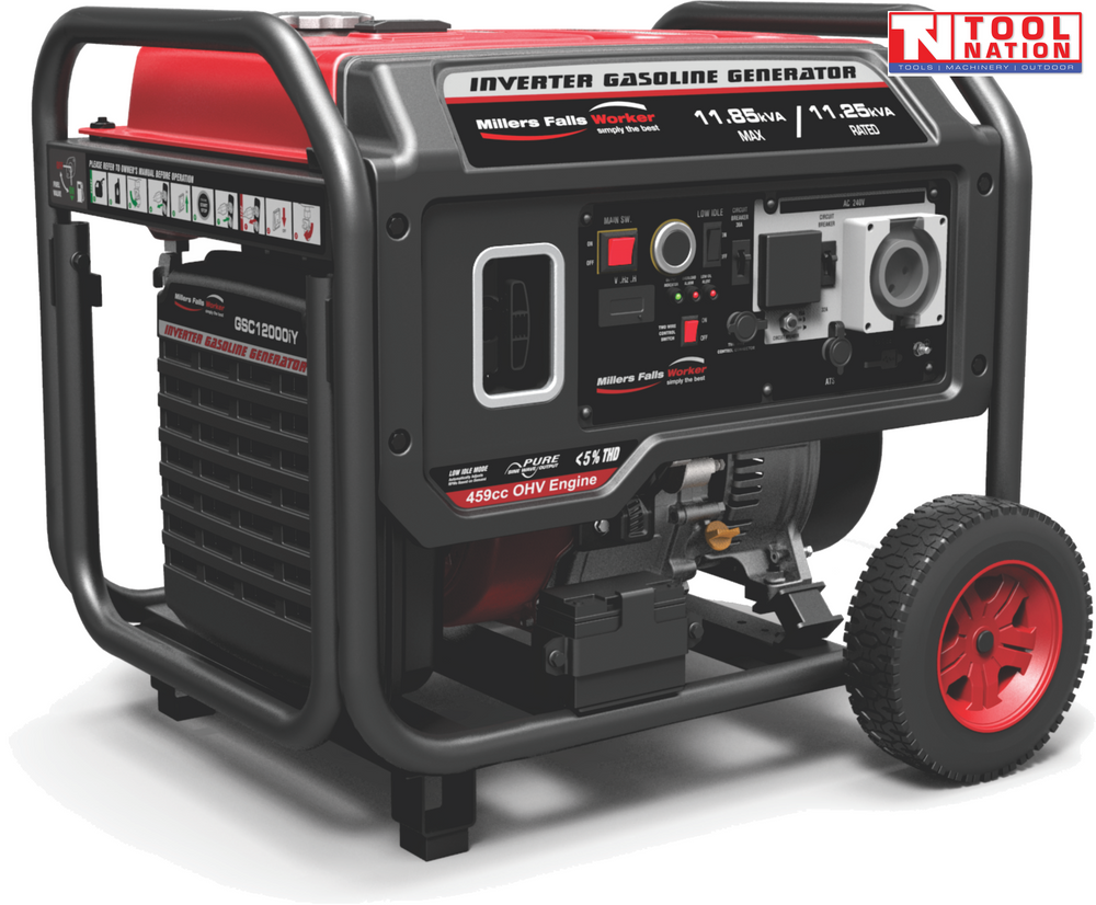 Front three-quarter view of the GSC12000iY pure sine wave inverter generator showing the control panel, red fuel tank, protective frame and wheel.