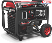 Front three-quarter view of the GSC12000iY pure sine wave inverter generator showing the control panel, red fuel tank, protective frame and wheel.