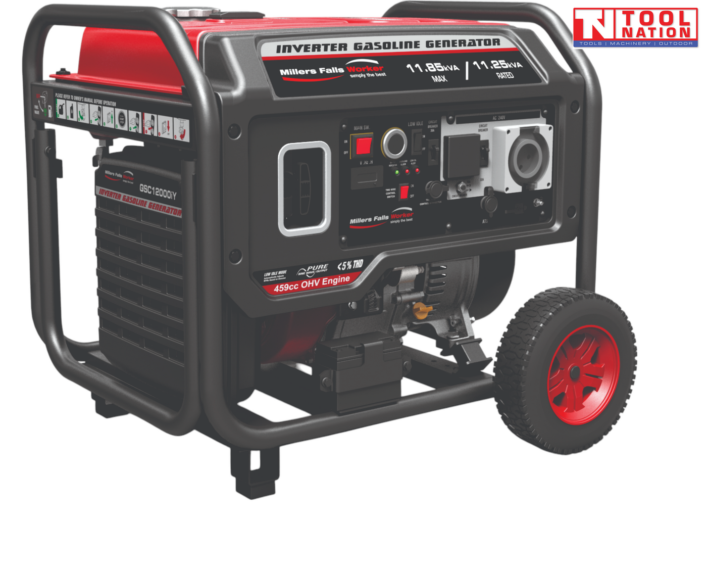 Close front three-quarter view of the GSC12000iY pure sine wave inverter generator showing the control panel, red fuel tank, protective frame and wheel.