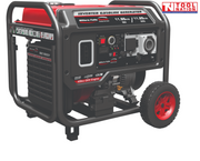 Close front three-quarter view of the GSC12000iY pure sine wave inverter generator showing the control panel, red fuel tank, protective frame and wheel.