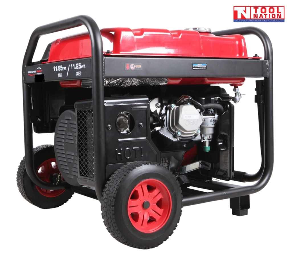 Rear three-quarter view of the GSC12000iY pure sine wave inverter generator showing the engine side, red fuel tank, frame and wheels.
