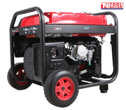 Rear three-quarter view of the GSC12000iY pure sine wave inverter generator showing the engine side, red fuel tank, frame and wheels.