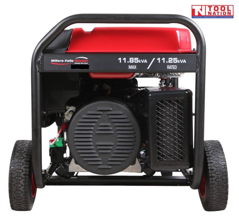 Rear view of the GSC12000iY pure sine wave inverter generator showing the recoil housing, engine components and two wheels.