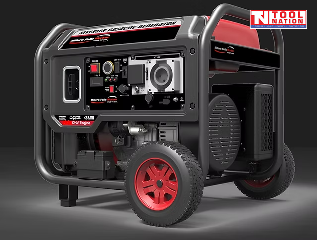 Front three-quarter view of the GSC13500iY pure sine wave inverter generator showing the control panel, wheel kit, red fuel tank, and protective frame.