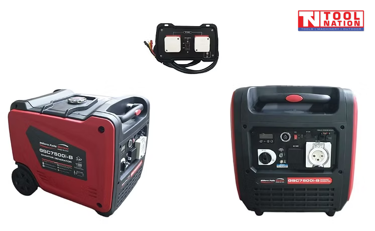 Twin generator package showing one red inverter generator in side view, one matching generator in front view, and the parallel connector mounted above.