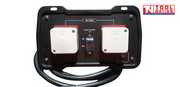 Front view of the parallel connector with both outlet covers closed, circuit breaker centred and cable looped below.