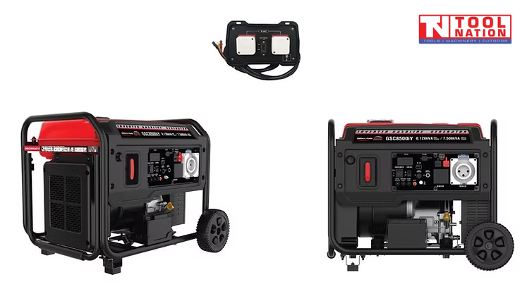 Twin generator package showing one red inverter generator in side view, one matching generator in front view, and the parallel connector mounted above.