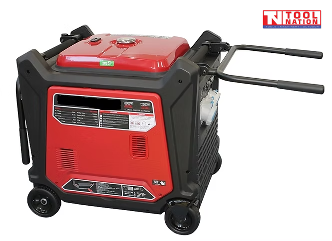 Front three-quarter view of the GSC16500i pure sine wave inverter generator showing the red housing, black protective frame, wheels and dual folding handles.