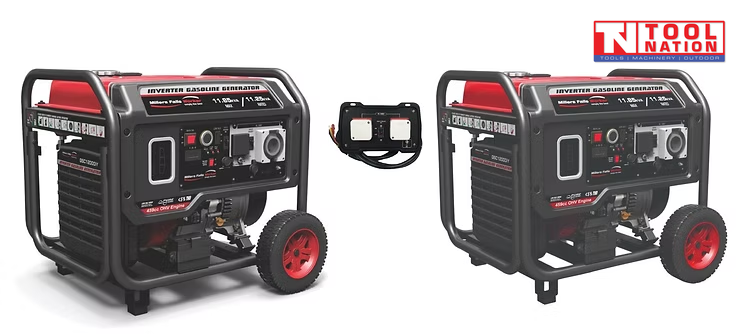 Twin generator package showing one red inverter generator in side view, one matching generator in front view, and the parallel connector mounted above.
