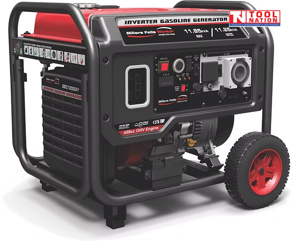 Front three-quarter view of a red inverter generator with wheel kit, control panel, fuel tank and protective frame visible.