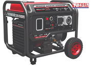 Front three-quarter view of a red inverter generator showing the control panel, side vent, wheel and protective frame.
