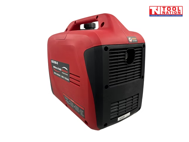 Front three-quarter view of the GSC2500i-B inverter generator showing the red housing, black vented rear panel, carry handle and fuel cap.