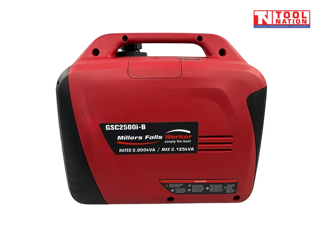 Side view of the GSC2500i-B inverter generator showing the red housing, carry handle and model label.