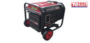 Rear three-quarter view of the GSC5200iY inverter generator showing the side cover, black protective frame, red fuel tank and wheels.