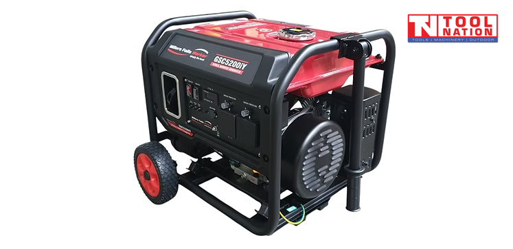 Front three-quarter view of the GSC5200iY inverter generator showing the control panel side, recoil housing, black frame and wheels.