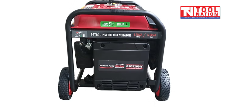Rear view of the GSC5200iY inverter generator showing the side cover panel, black frame, red fuel tank and wheels.