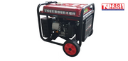 Rear three-quarter view of the GSC5200iY inverter generator showing the exposed engine side, black frame, red fuel tank and one wheel.