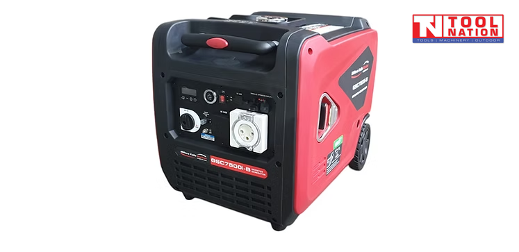 Front angled view of the GSC7500i-B inverter generator showing the control panel, red side housing and wheel.
