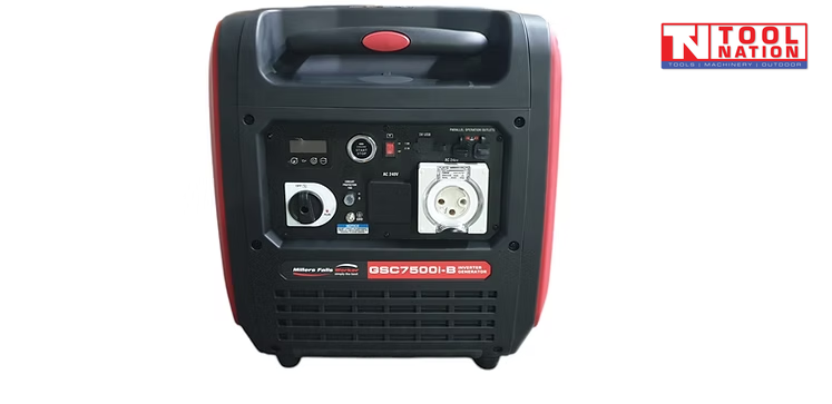 Front view of the GSC7500i-B inverter generator showing the control panel and carry handle.