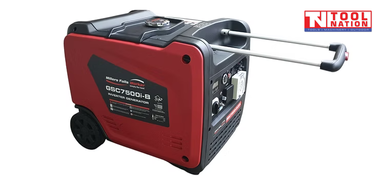 Rear angled view of the GSC7500i-B inverter generator showing the red side panel, extended pull handle, wheel and part of the control panel.