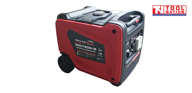 Rear angled view of the GSC7500i-B inverter generator showing the red side panel, carry handle, wheel and part of the control panel.