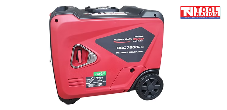 Side view of the GSC7500i-B inverter generator showing the red housing, side handle recess and wheel.