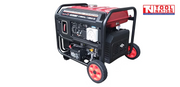 Front angled view of the GSC8500iY inverter generator showing the control panel, red fuel tank, black frame and wheels.