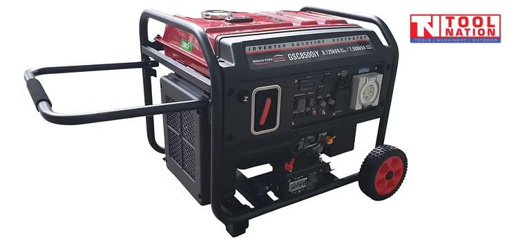 Front angled view of the GSC8500iY inverter generator with the fold-out handle extended, showing the control panel, red fuel tank and wheels.