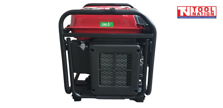 Side view of the GSC8500iY inverter generator showing the red fuel tank, black frame and vented side panel.