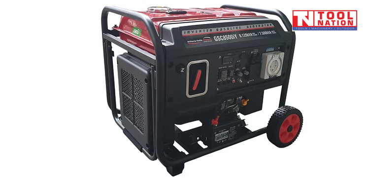 Front angled view of the GSC8500iY inverter generator showing the control panel, red fuel tank, black frame and one wheel.