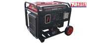 Front angled view of the GSC8500iY inverter generator showing the control panel, red fuel tank, black frame and one wheel.