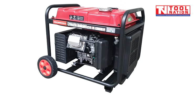 Rear angled view of the GSC8500iY inverter generator showing the exposed engine, red fuel tank, black frame and wheel.