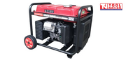 Rear angled view of the GSC8500iY inverter generator showing the exposed engine, red fuel tank, black frame and wheel.