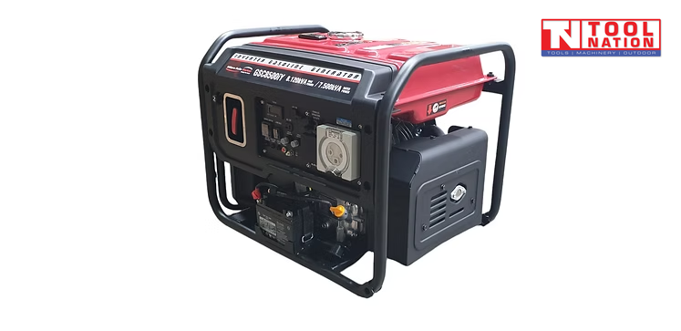 Front angled view of the GSC8500iY inverter generator without wheels, showing the control panel, red fuel tank and black side box.