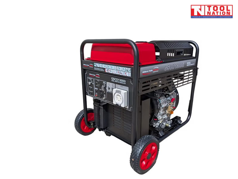 Black and red generator with control panel, red wheels, engine, protective frame, and a logo in the top right corner.
