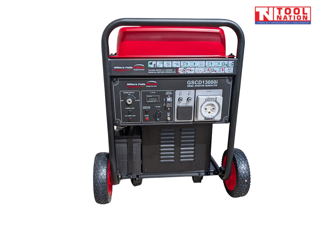 Front view of a black and red generator with control panel, red wheels, protective frame, and a logo in the top right corner.