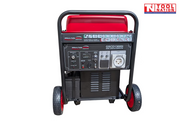 Front view of a black and red generator with control panel, red wheels, protective frame, and a logo in the top right corner.