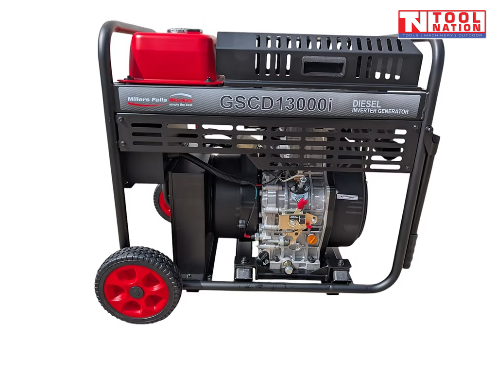 Side view of a black and red generator with engine, red wheel, protective frame, vented side panel, and a logo in the top right corner.