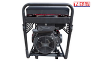 Rear view of a black and red generator with engine cover, protective frame, wheels, and a logo in the top right corner.