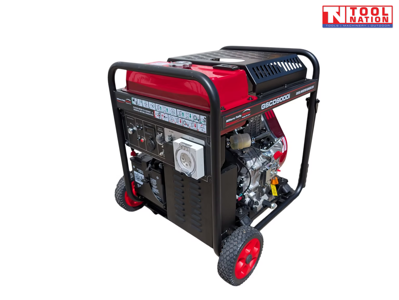 Black and red generator with control panel, red wheels, engine, protective frame, and a logo in the top right corner.