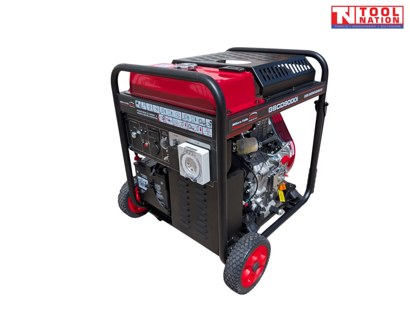 Black and red generator with control panel, red wheels, engine, protective frame, and a logo in the top right corner.
