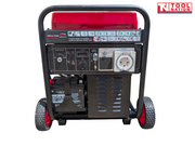 Front view of a black and red generator with control panel, battery, red wheels, protective frame, and a logo in the top right corner.